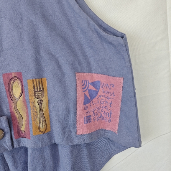 VTG Rare Blue Fish Gardening Fruits Spoon Fork V Neck Button Periwinkle Vest 1 - Picture 10 of 15